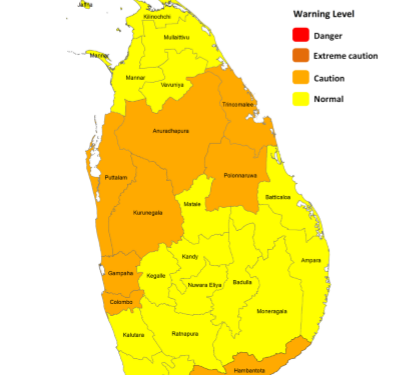 வடமேற்கு மாகாணம் மற்றும் கம்பஹா, கொழும்பு, ஹம்பாந்தோட்டை மற்றும் மொனராகலை மாவட்டங்களுக்கு வெப்ப சுட்டெண் ஆலோசனை வழங்கப்பட்டுள்ளது.