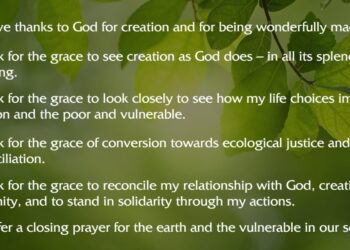 “எங்கள் வாழ்க்கையில் குணப்படுத்துதலைக் கொண்டு வாருங்கள், நாங்கள் உலகைப் பாதுகாக்கிறோம், அதை இரையாக்காமல் இருக்கிறோம், அழகை விதைப்போம், மாசு மற்றும் அழிவு அல்ல.”
