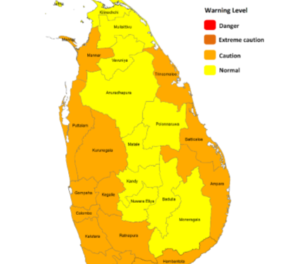 வடமேற்கு, மேல், தெற்கு, சப்ரகமுவ மற்றும் கிழக்கு மாகாணங்களிலும் மன்னார் மாவட்டத்திலும் வெப்பச் சுட்டெண் ‘எச்சரிக்கை’ மட்டத்தில்